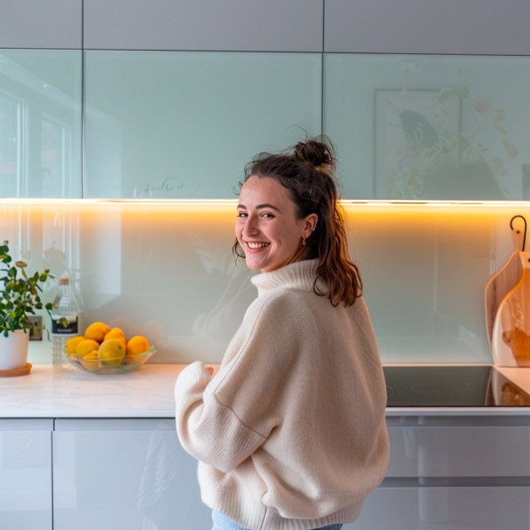 Junge Frau in weißem Pullover steht lächelnd in einer modernen Küche neben einer Schale mit Zitronen